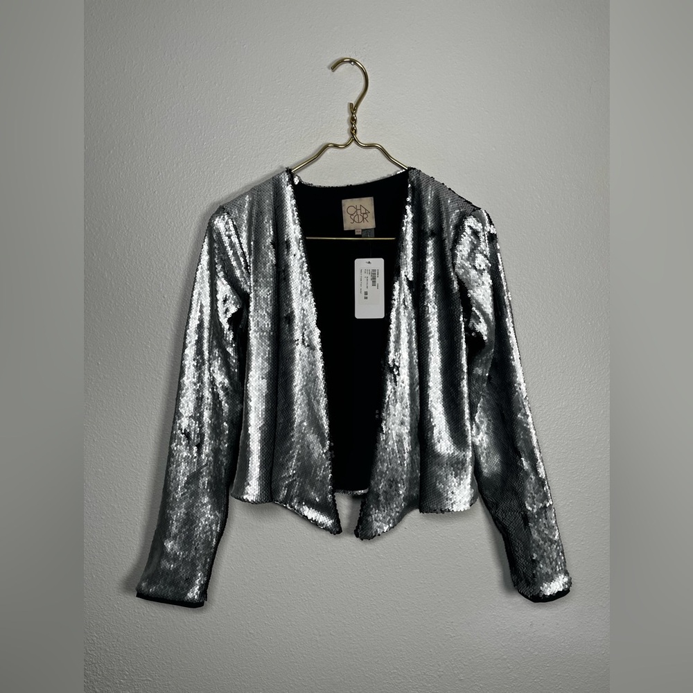 Chaser silver and black sequin front drape jacket size size extra small